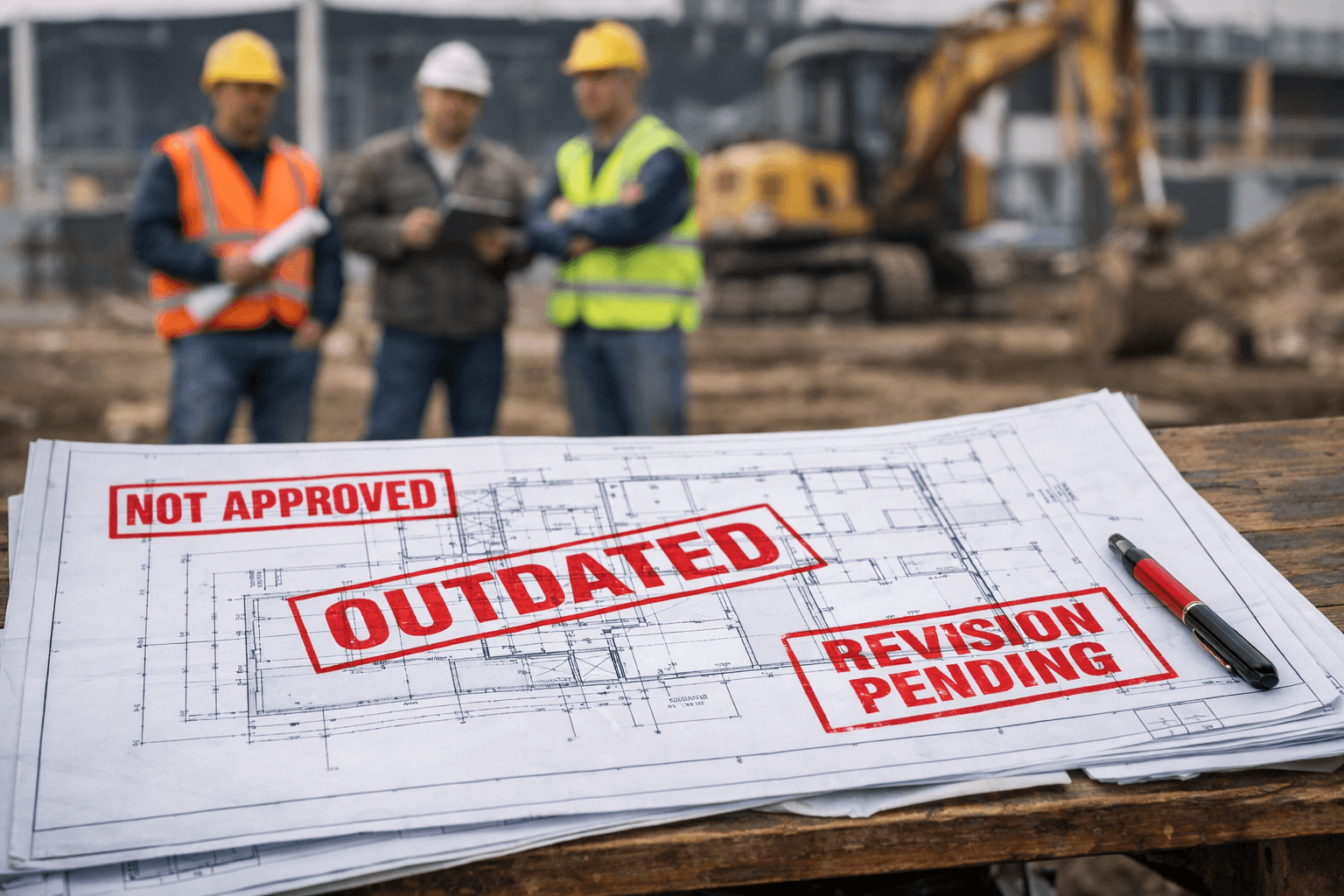 Construction blueprints stamped not approved, outdated, and revision pending on a jobsite table.