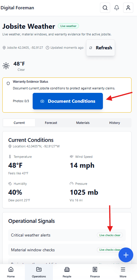 Digital Foreman Jobsite Weather screen showing documented conditions and current review status.